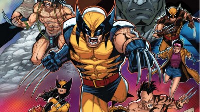 Wolverine in the yellow blue jumping forward with his calws out, with scenes from other parts of his life behind him, as well as Laura Kinney and his son Daken on either side of him