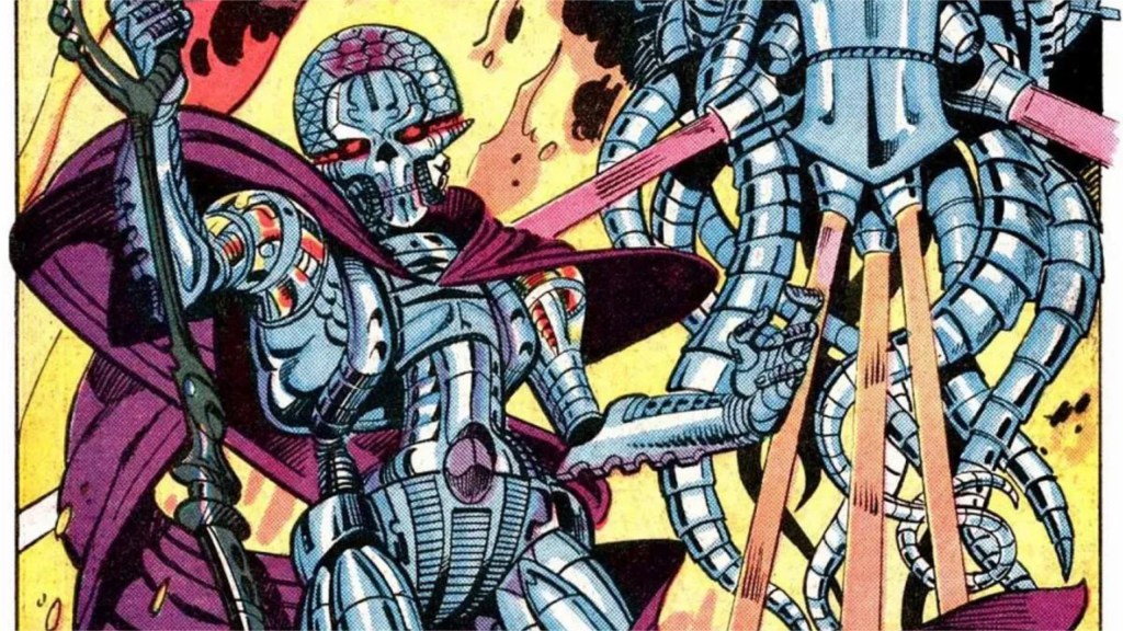 Brainiac in his robot form, holding a staff and wearing a billowing cape with his ship behind him