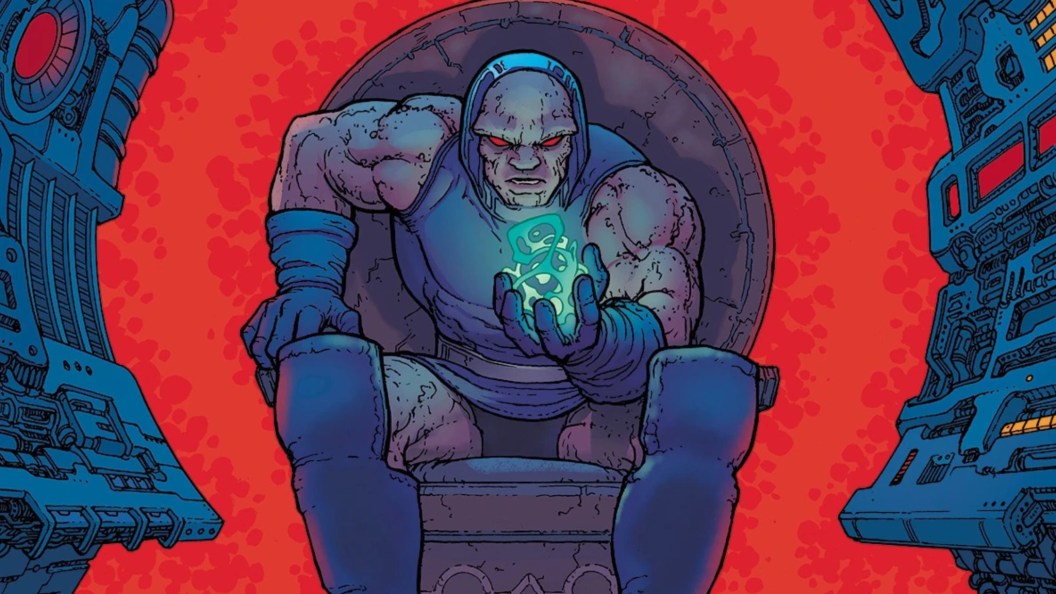 Darkseid sitting on his throne contemplating the Worlogog