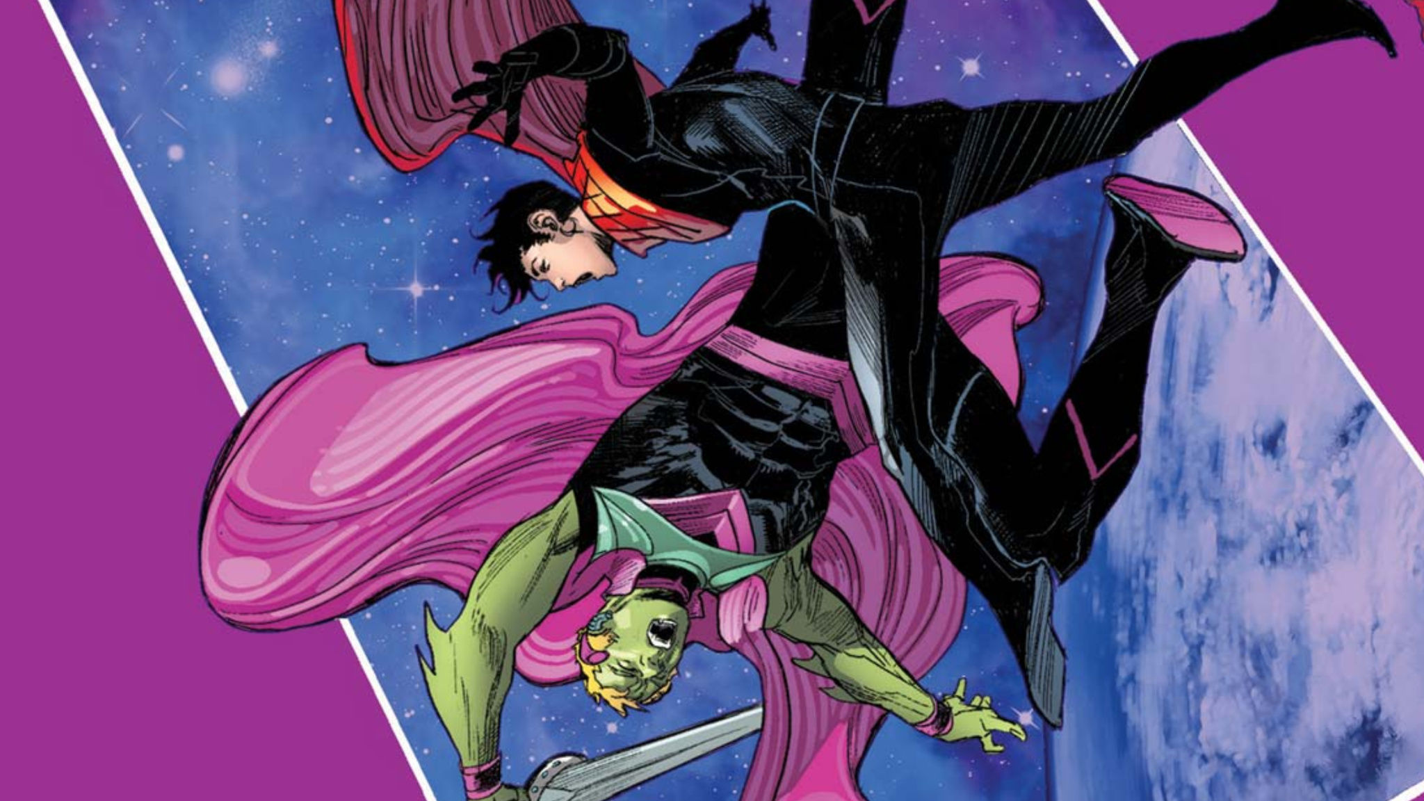 Hulkling and Wiccan falling into space