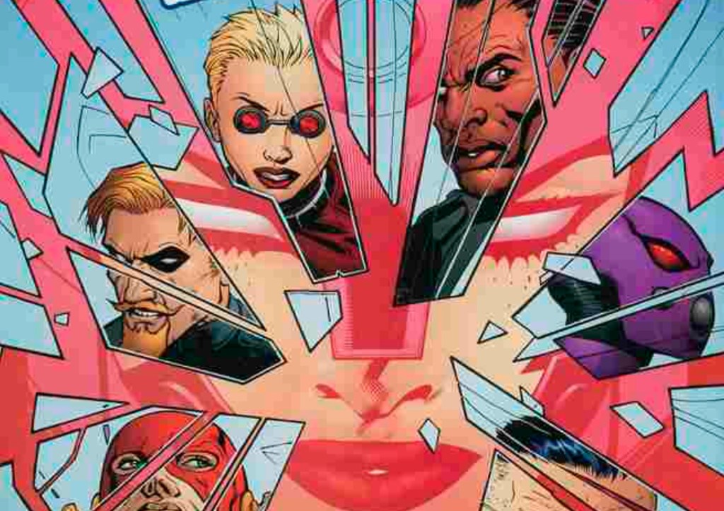 The Flash, Green Arrow, Sister Superior, Coldcast, and Kasumi on pains of breaking glass over the face of a mysterious woman