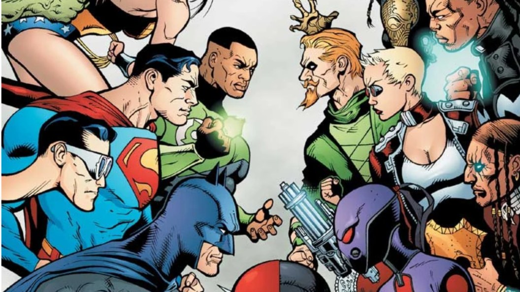 The JLA - Batman, Plastic Man, and John Stewart - facing off against the Justice League Elite - Kasumi, Manitou Raven, Sister Superior, Green Arrow, and Coldcast