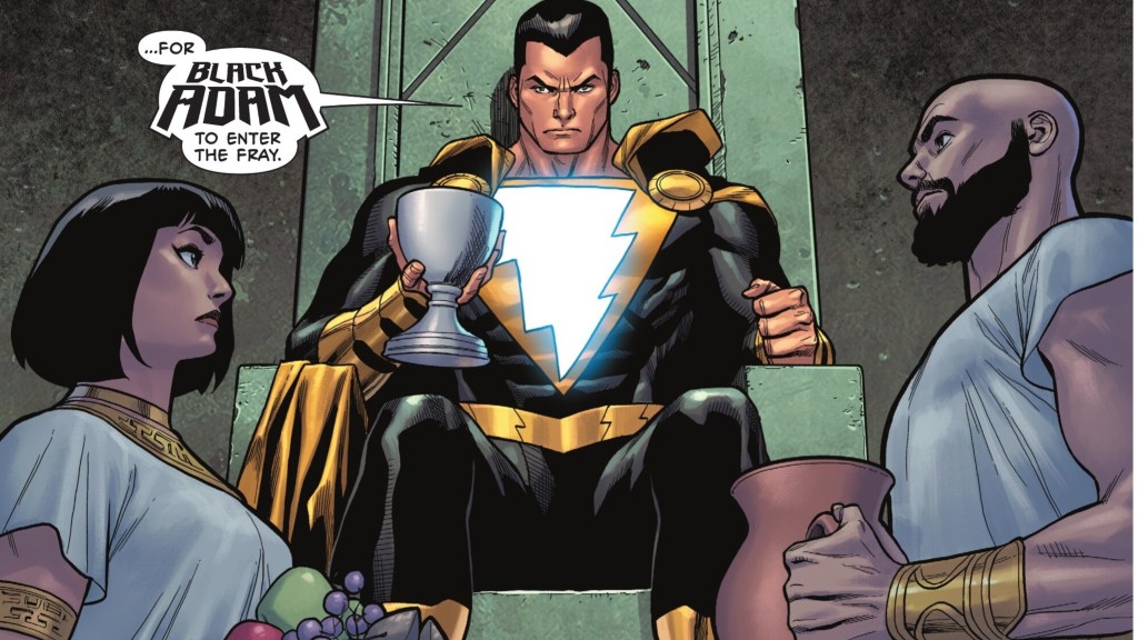 Black Adam sitting on a throne while being served by a man and a woman