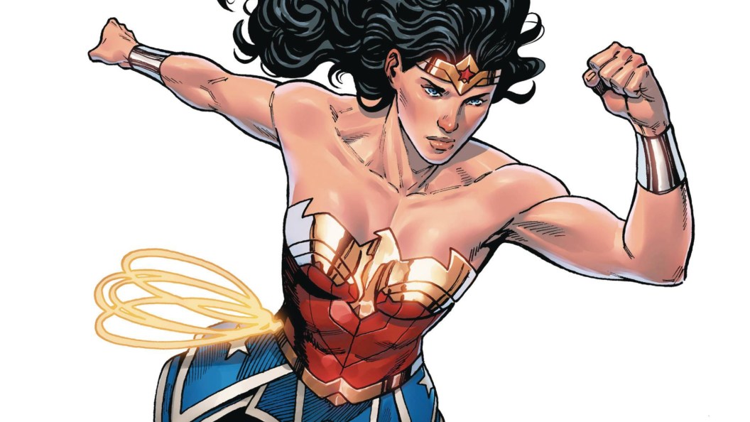 Wonder Woman running forward with the Lasso of Truth behind her