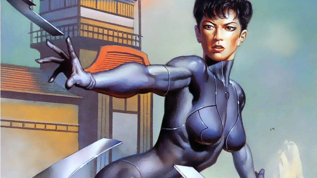 Yukio throwing daggers in front of a pagoda