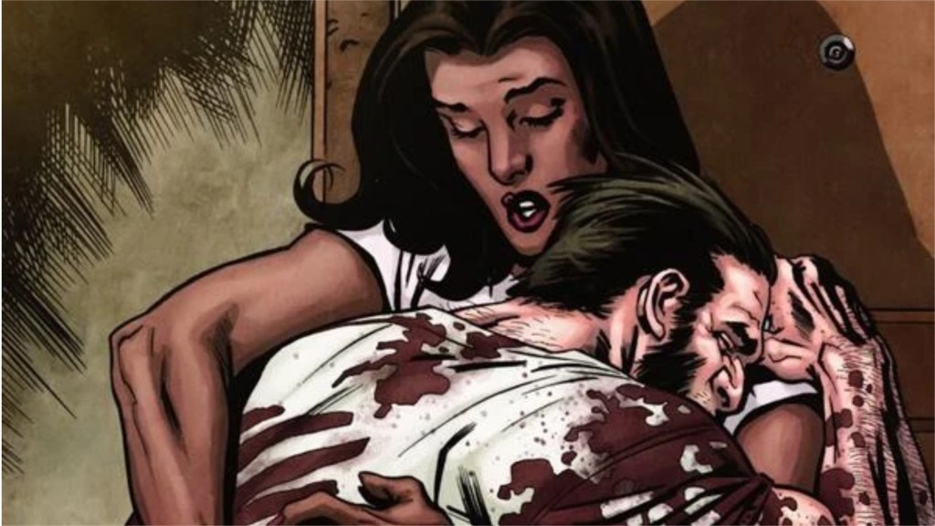 Melita Garner holding a blood-covered Wolverine