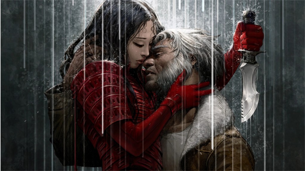 Mariko Yashida kissing Old Man Logan in the rain and about to stab hi in the back