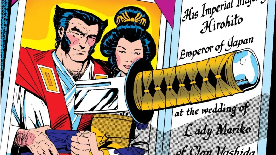 Wolverine and Mariko's engagement picture with a sword through Wolverine