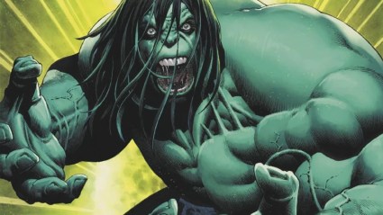 The Hulk roaring in front of a bright green background