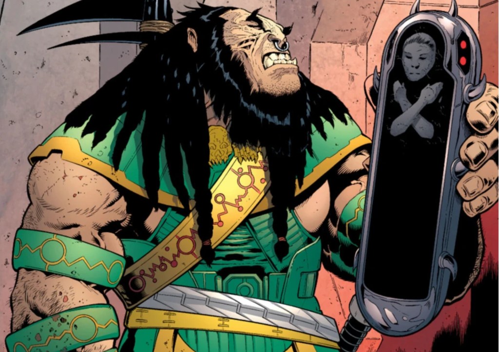 Kalibak holding a black coffin and sneering at it