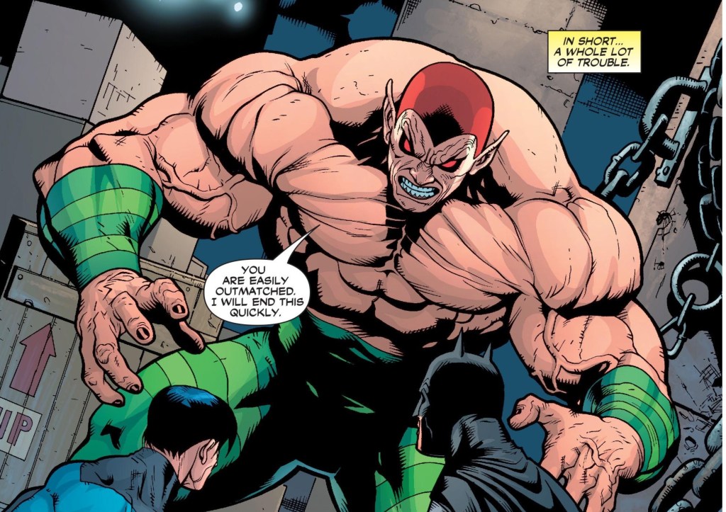 A hulking Amazo menacing Batman and Nightwing