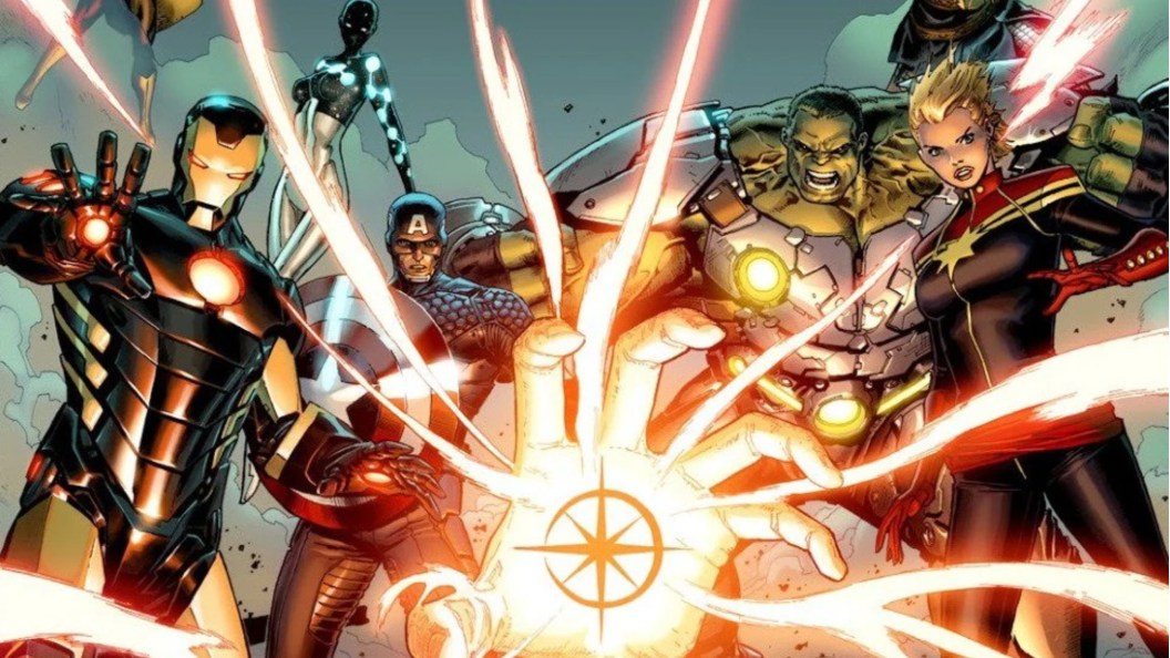 A hand with the Starbrand on it surrounded by power comes out of the Rubble while Iron Man, Captain America, Captain Universe, Hulk, and Captain Marvel look on in shock and awe
