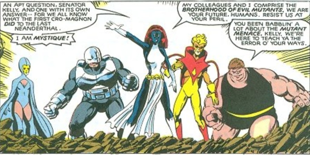 Destiny, Avalanche, Mystique, Pyro, and Blob introducing themselves to the X-Men