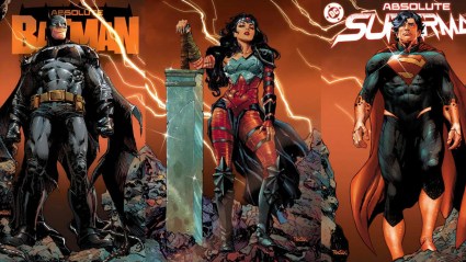 Absolute Batman, Wonder Woman, and Superman with red skies and lightning behind them
