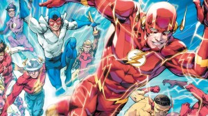 Barry Allen running at the head of the Flash family, with Max Mercury, Jessie Quick, Wallance West, Jay Garrick, and Avery Ho behind him