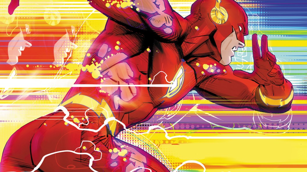 The Flash running in front of a rainbow of colors