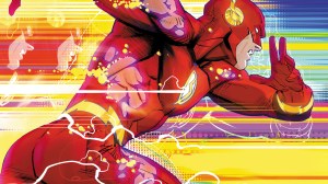 The Flash running in front of a rainbow of colors