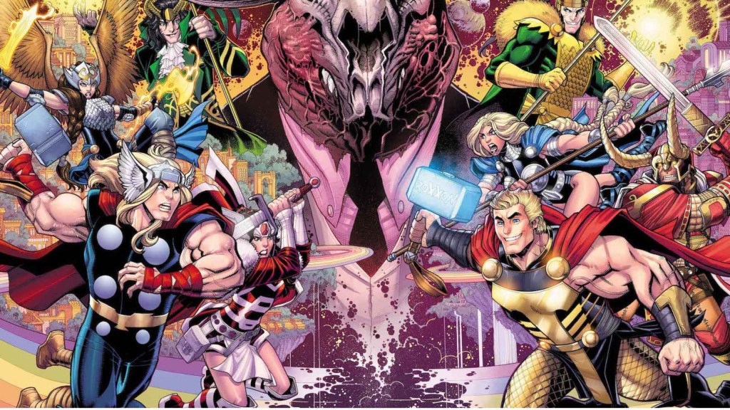 Thor fighting Roxxon's Thor with Dario Agger in the background