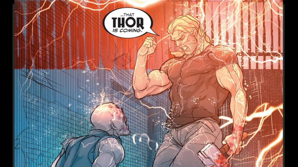 Sigurd Jarlson standing over a beaten down thug, telling him Thor has returned