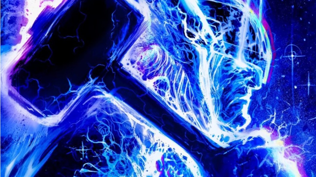 Thor wreathed in lightning with Mjolnir over his shoulder