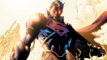 Superboy-Prime in shadow, one eye glowing with heat vision