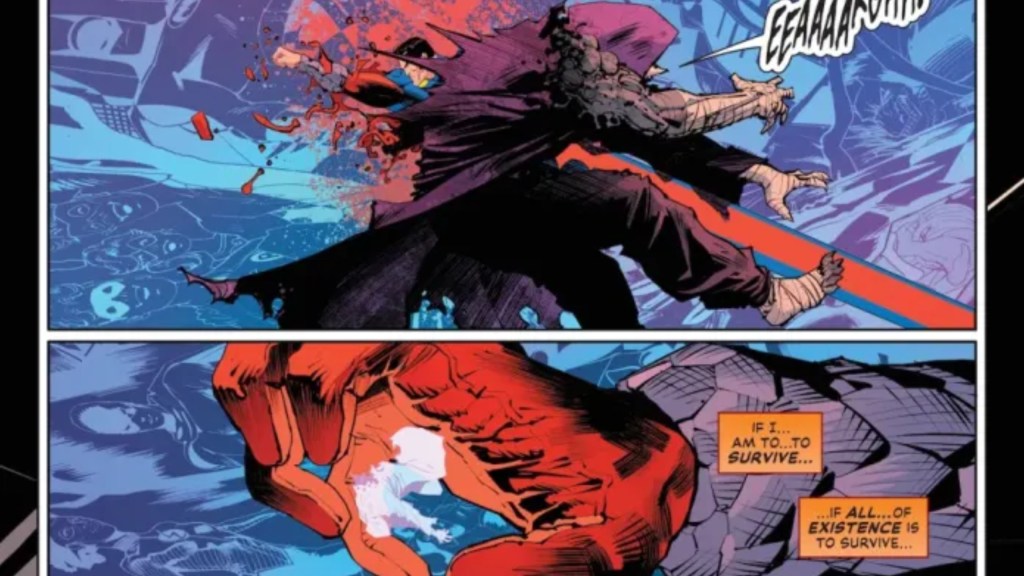 The Darkseid Legion tearing through Doomsday as the Time Trapper