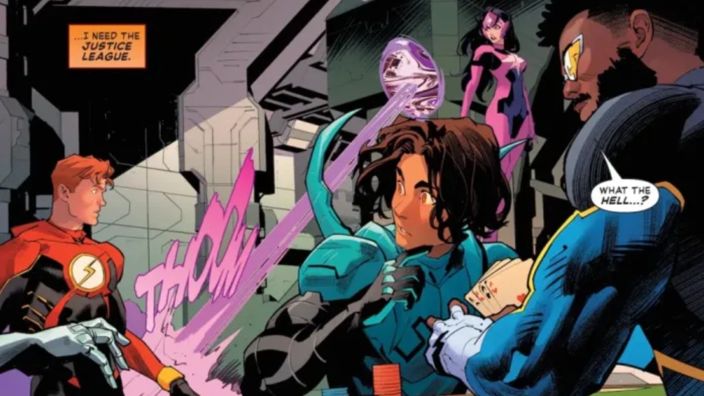 Doomsday galling tino the Watchtower rec room with the Flash, Star Sapphire, Black Lightning, and Blue Beetle looking on