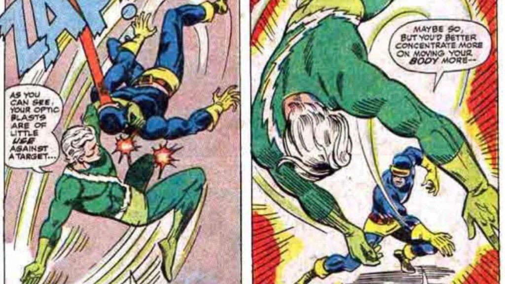 Quicksilver getting the drop on Cyclops and then getting bodied