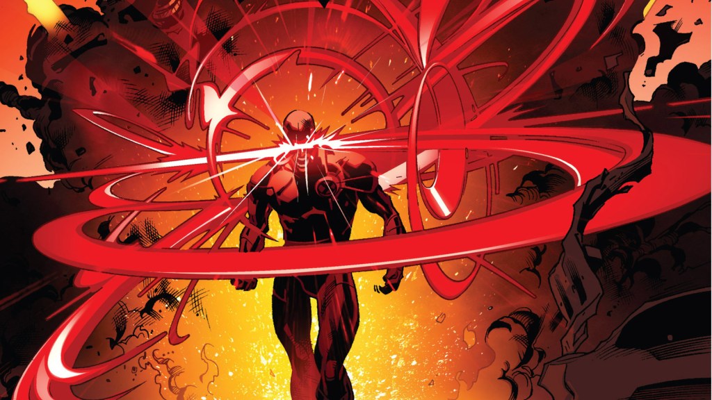 Cyclops striding forward with his optic blasts wreathing his head