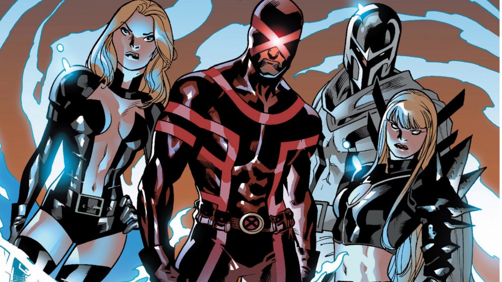 Cyclops standing with Emma Frost, Magneto, and Magik with energy around them
