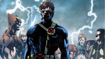 Cyclops standing in front of Wolverine, Magik, Banshee, Moonstar, Wolfsbane, and Madrox