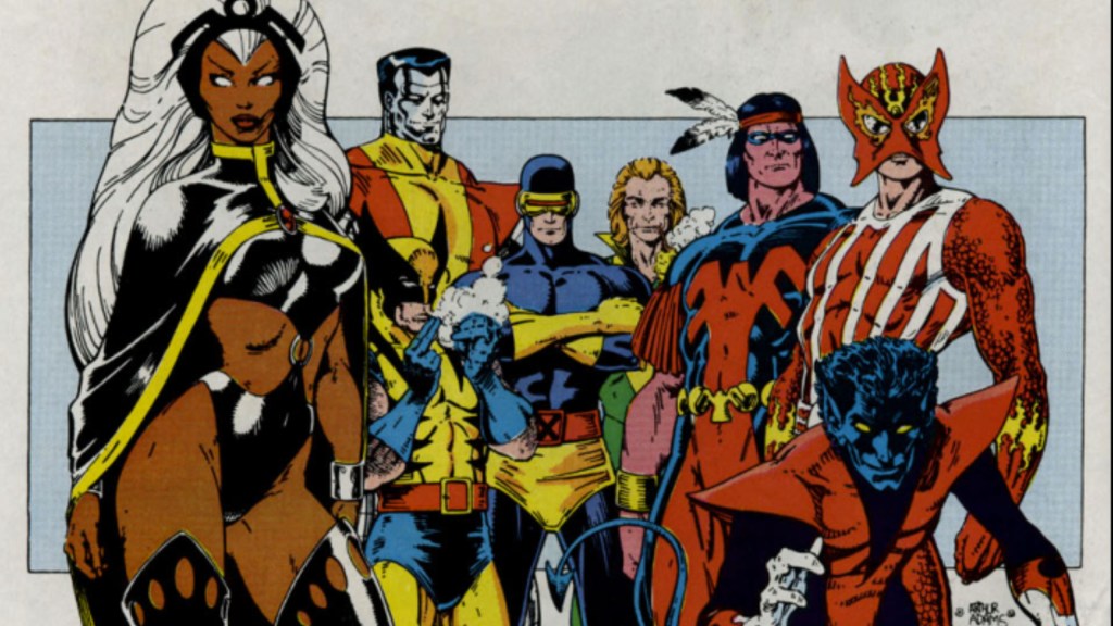 Storm standing with Colossus, Wolverine, Cyclops, Banshee, Thunderbord, Sunfire, and Nightcrawler