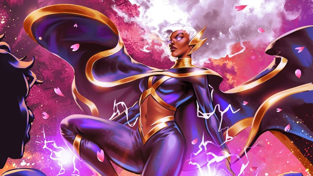 Storm flying in the air, her hair flying in the breeze with someone looking on in shadow