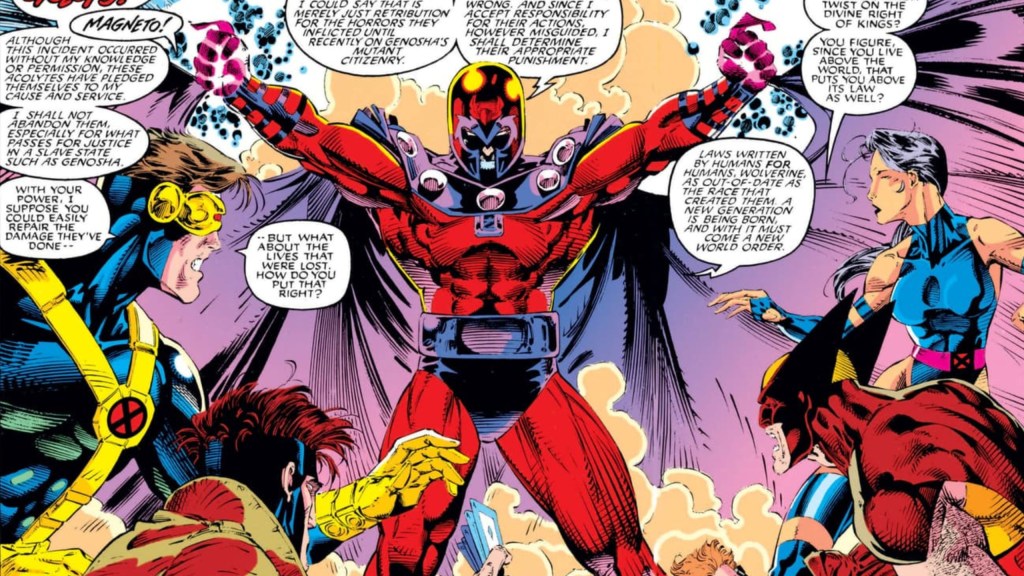 Magneto talking to Cyclops, Gambit, Wolverine and Psylocke