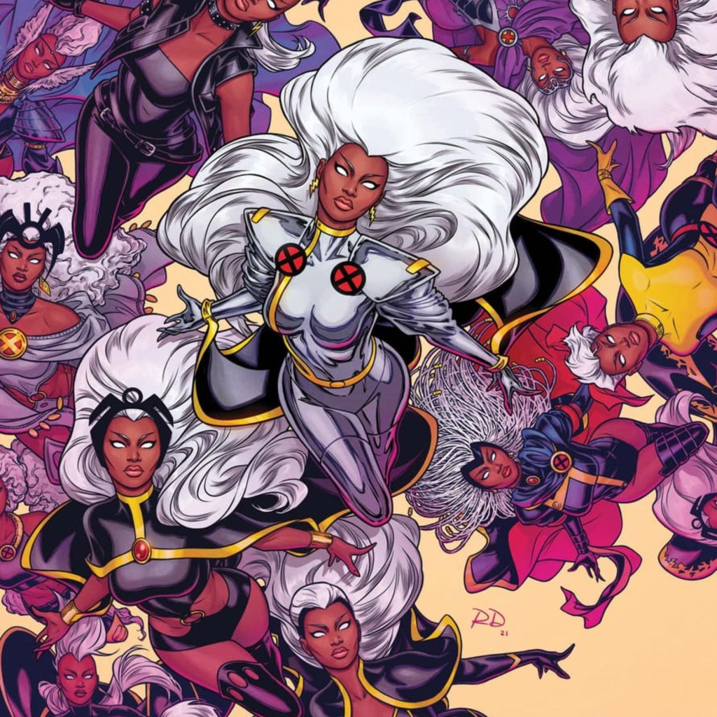 Storm in a variety of costumes flying around
