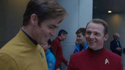 Left Chris Pine and Right Simon Peg Laughing on the set of Star Trek 2009