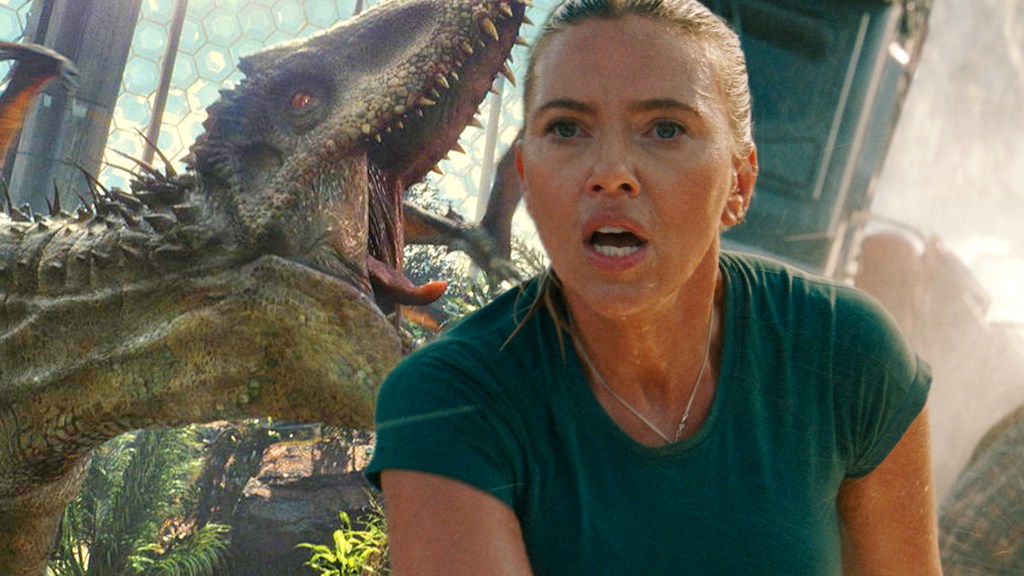 The Indominous Rex in Jurassic World and Scarlett Johansson in Jurassic World Rebirth