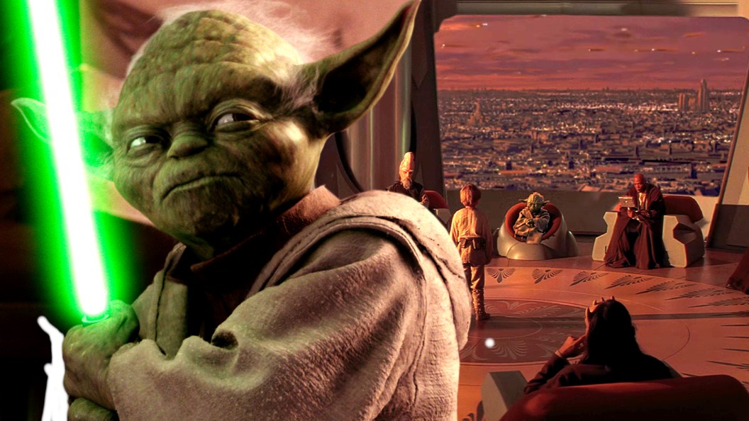 Yoda with his green lightsaber, and Anakin with the Jedi Council in Star Wars Episode I - The Phantom Menace