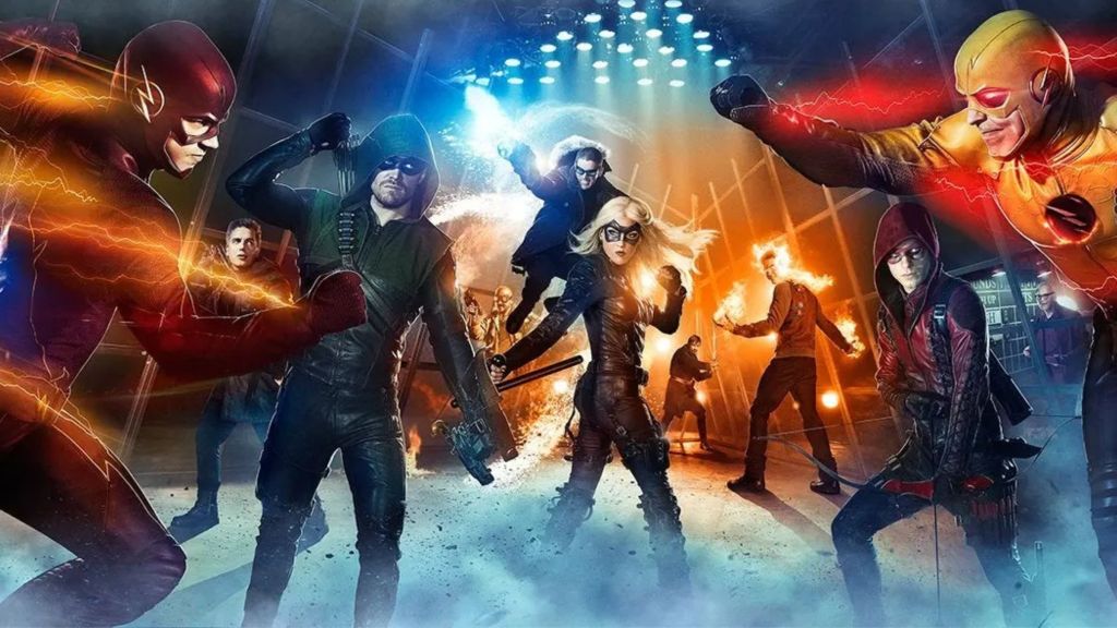 Heroes and villains from the Arrowverse fighting.