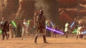 All the Jedi with their lightsabers out in Star Wars: Attack of the Clones.