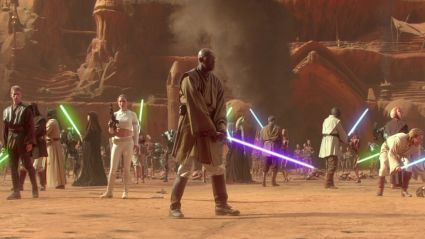 All the Jedi with their lightsabers out in Star Wars: Attack of the Clones.