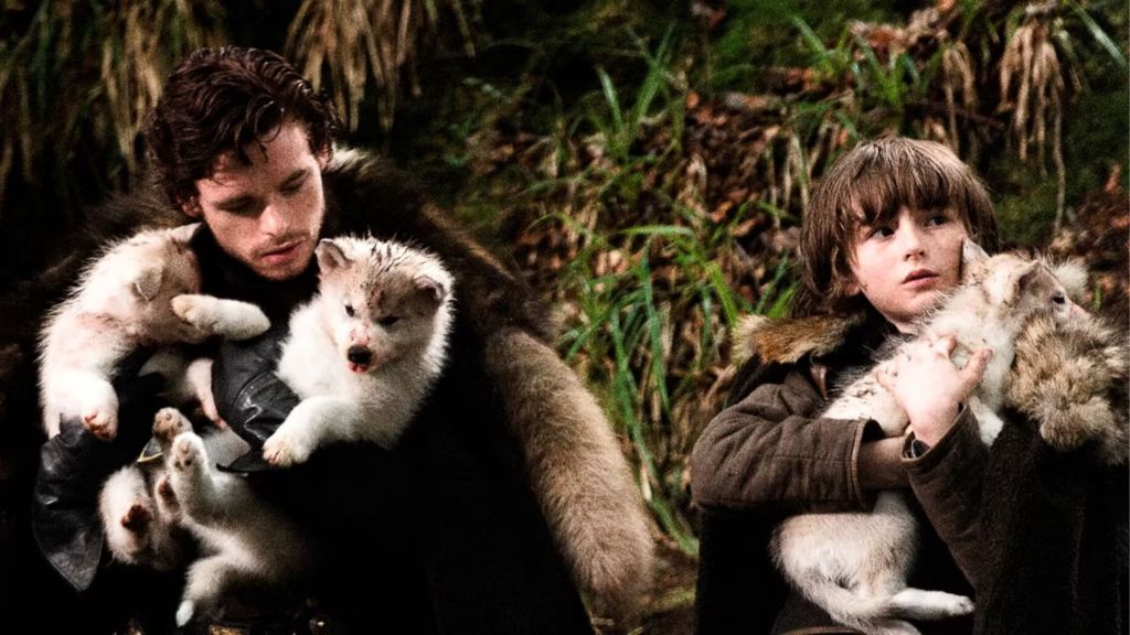 Robb and Bran Stark holding direwolves.