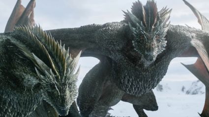 Two dragons in the snow in Game of Thrones.