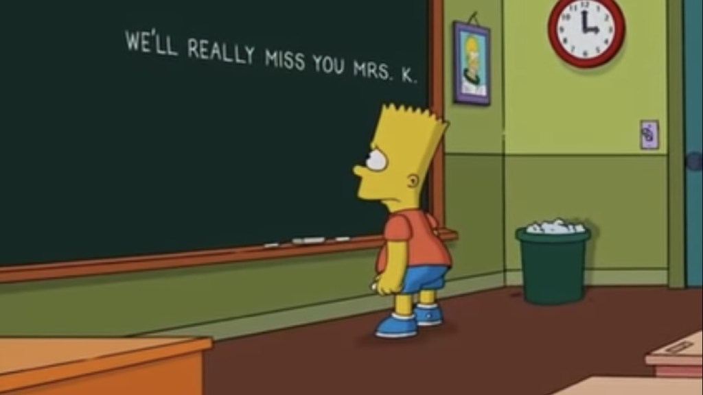 Bart stood at the We'll Miss You Mrs K chalkboard in The Simpsons