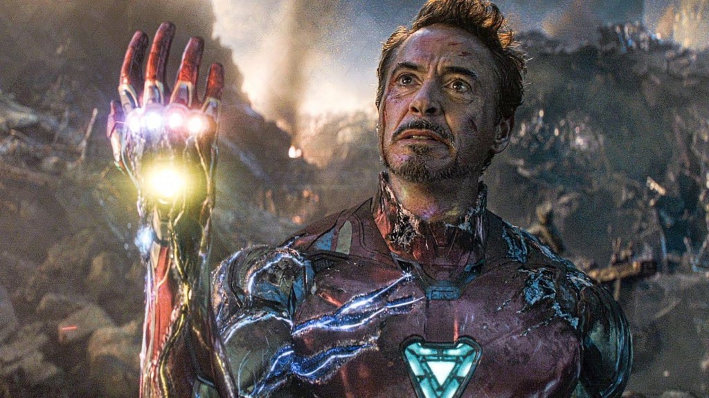 Robert Downey Jr as Iron Man snapping in Avengers: Endgame