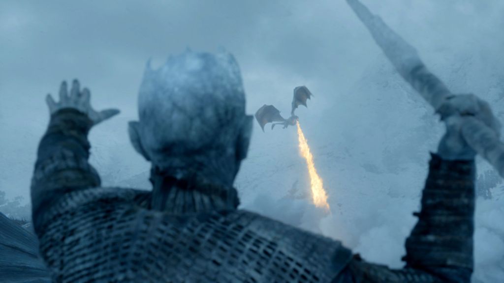 The Night King throwing an Ice Spear in Game of Thrones.