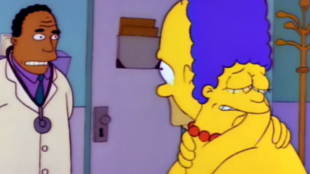 Homer and Marge crying with Dr Hibbert in The Simpsons
