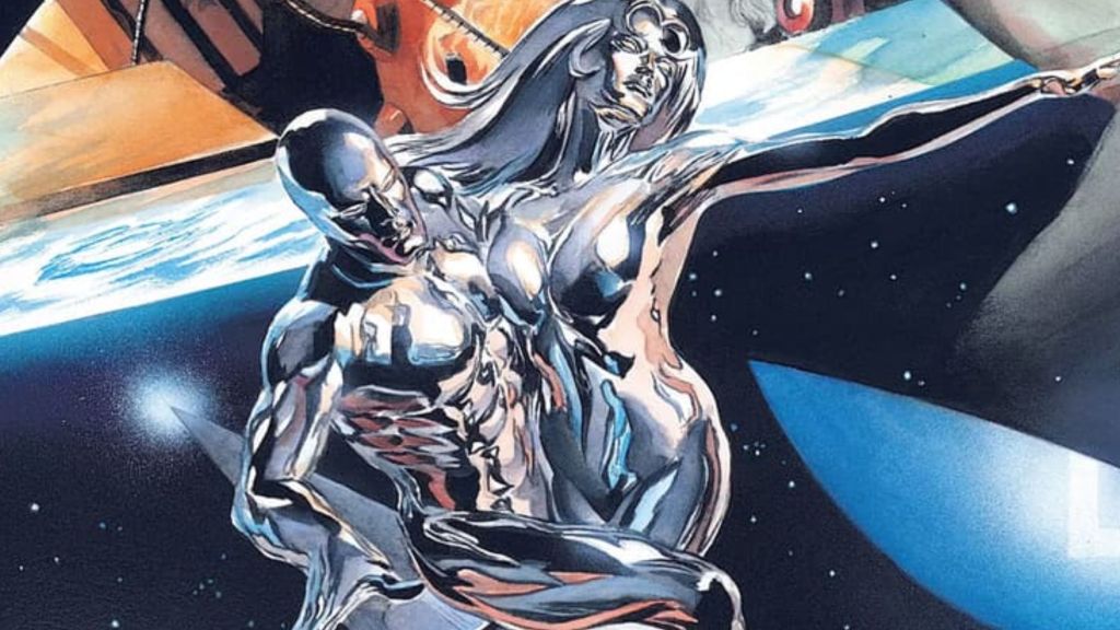 Silver Surfer and Shall-Bal in space in Marvel Comics.