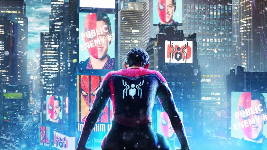 Peter Parker sitting in front of advertisements in No Way Home.