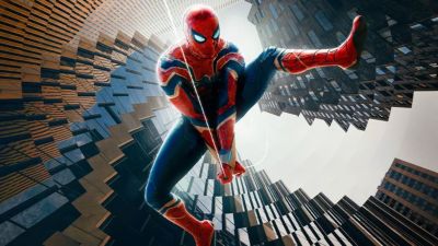 Spider-Man swinging in No Way Home.